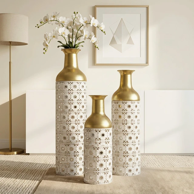 Alt view image 2 of 7 - Gold Metal Floor Vase Set, Handcrafted Cutout Hollow Tall Standing Vase Glam Decorative Floor for Living Corner