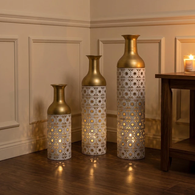 Alt view image 4 of 7 - Gold Metal Floor Vase Set, Handcrafted Cutout Hollow Tall Standing Vase Glam Decorative Floor for Living Corner