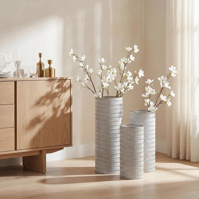 Alt view image 6 of 7 - Decorative Metal Vases Set, 29.1 Inch Leaf Pattern Floor Vases and Tall for Decor Living Entryway Decor, White Gold