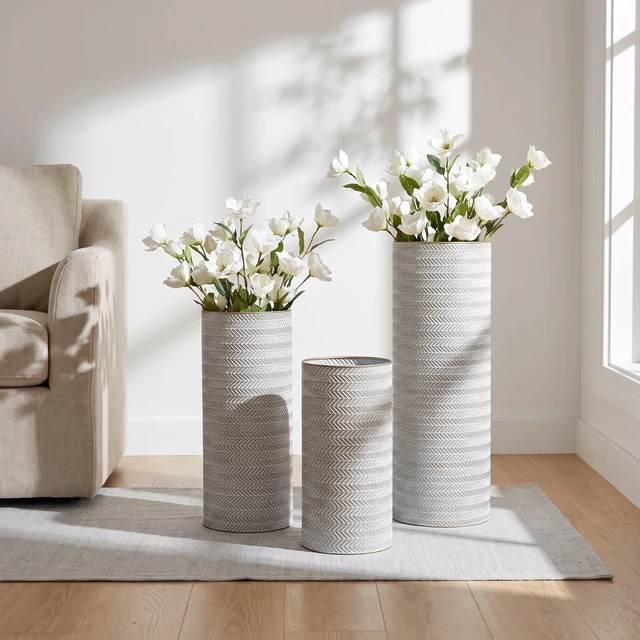 Alt view image 7 of 7 - Decorative Metal Vases Set, 29.1 Inch Leaf Pattern Floor Vases and Tall for Decor Living Entryway Decor, White Gold