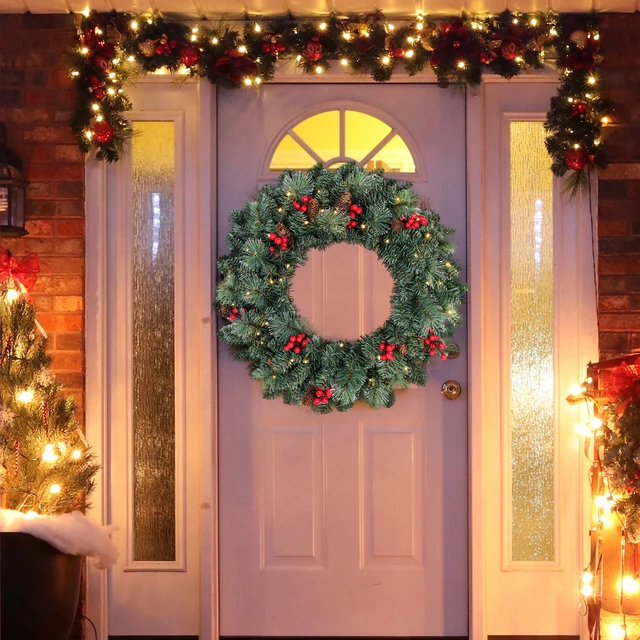 Alt view image 2 of 7 - 24 Inch Battery Operated Pre Lit Christmas Wreath, Artificial PVC Needle Wreath with LED Lights Berries and Cones Tips