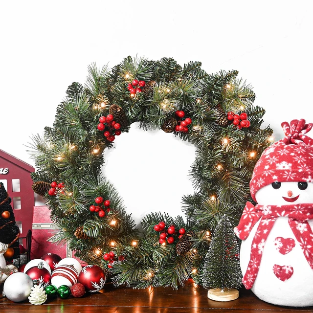 Main image of 24 Inch Battery Operated Pre Lit Christmas Wreath, Artificial PVC Needle Wreath with LED Lights Berries and Cones Tips
