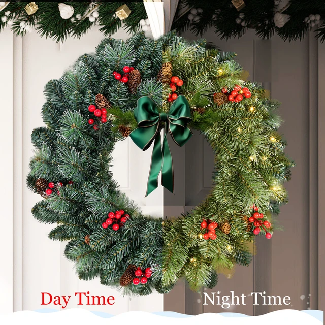 Alt view image 3 of 7 - 24 Inch Battery Operated Pre Lit Christmas Wreath, Artificial PVC Needle Wreath with LED Lights Berries and Cones Tips