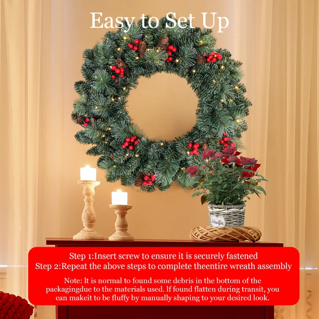 Alt view image 4 of 7 - 24 Inch Battery Operated Pre Lit Christmas Wreath, Artificial PVC Needle Wreath with LED Lights Berries and Cones Tips