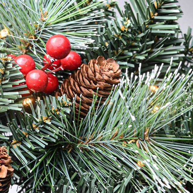 Alt view image 6 of 7 - 24 Inch Battery Operated Pre Lit Christmas Wreath, Artificial PVC Needle Wreath with LED Lights Berries and Cones Tips