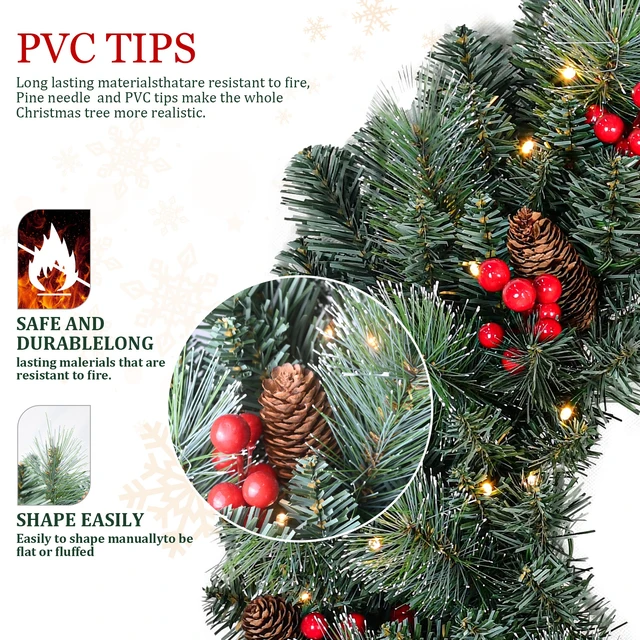 Alt view image 5 of 7 - 24 Inch Battery Operated Pre Lit Christmas Wreath, Artificial PVC Needle Wreath with LED Lights Berries and Cones Tips