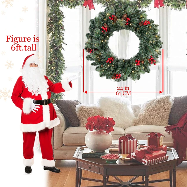 Alt view image 7 of 7 - 24 Inch Battery Operated Pre Lit Christmas Wreath, Artificial PVC Needle Wreath with LED Lights Berries and Cones Tips