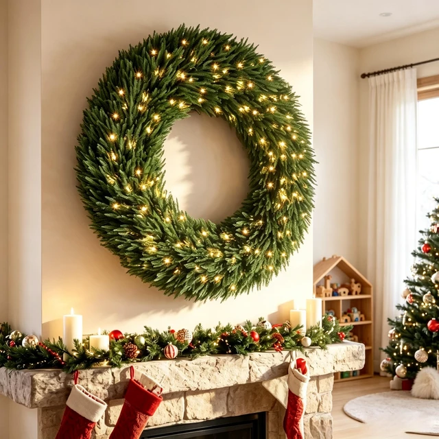 Main image of 48 in Artificial Norfolk Christmas Wreath, Pre Lit with LED Lights Holiday Decoration for Entryway Decor, Green, Fabric