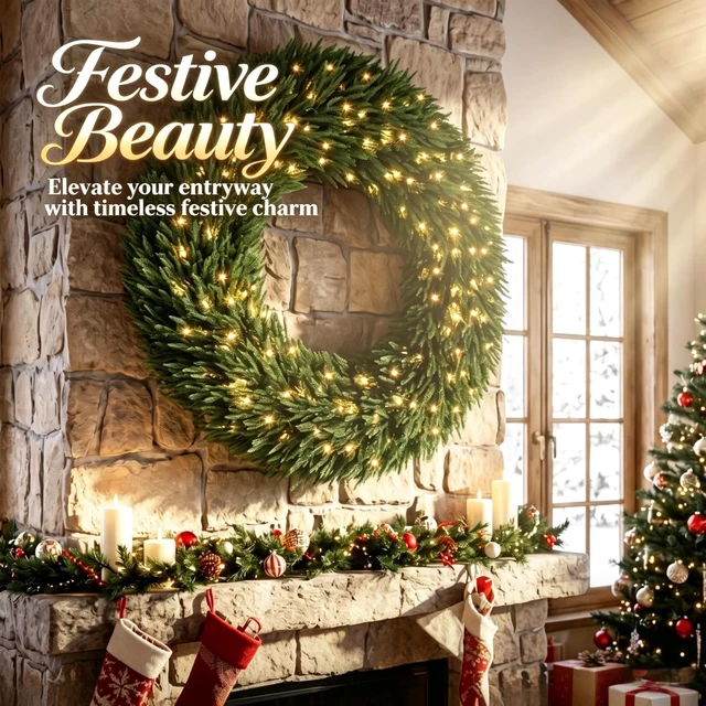 Alt view image 4 of 7 - 48 in Artificial Norfolk Christmas Wreath, Pre Lit with LED Lights Holiday Decoration for Entryway Decor, Green, Fabric