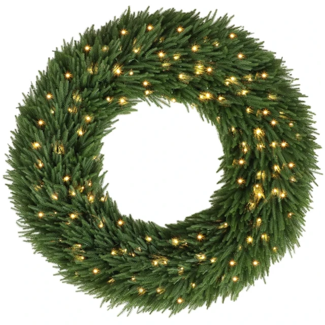 Alt view image 3 of 7 - 48 in Artificial Norfolk Christmas Wreath, Pre Lit with LED Lights Holiday Decoration for Entryway Decor, Green, Fabric