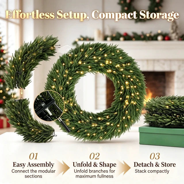 Alt view image 6 of 7 - 48 in Artificial Norfolk Christmas Wreath, Pre Lit with LED Lights Holiday Decoration for Entryway Decor, Green, Fabric