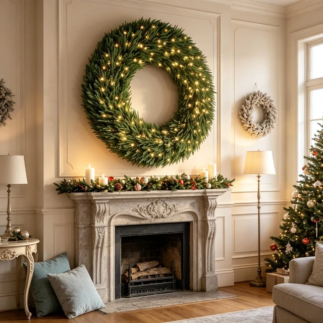 Alt view image 2 of 7 - 48 in Artificial Norfolk Christmas Wreath, Pre Lit with LED Lights Holiday Decoration for Entryway Decor, Green, Fabric