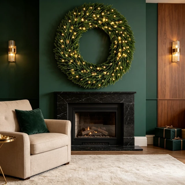 Alt view image 7 of 7 - 48 in Artificial Norfolk Christmas Wreath, Pre Lit with LED Lights Holiday Decoration for Entryway Decor, Green, Fabric