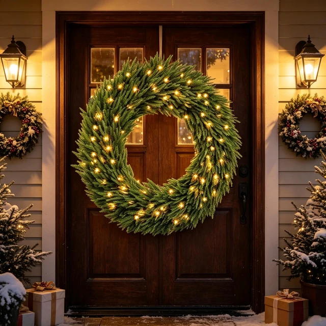 Alt view image 2 of 7 - 36 Inch Pre Lit Norfolk Artificial Christmas Wreath, Festive Entryway Decoration Equipped with Built in LED Lights