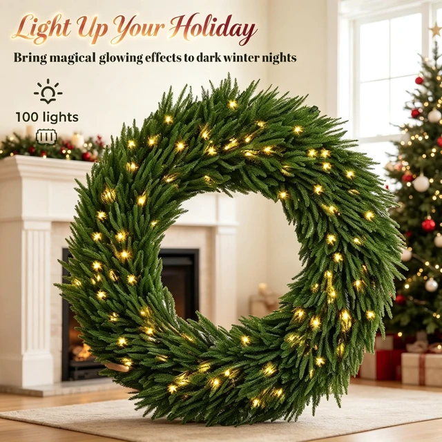 Alt view image 4 of 7 - 36 Inch Pre Lit Norfolk Artificial Christmas Wreath, Festive Entryway Decoration Equipped with Built in LED Lights