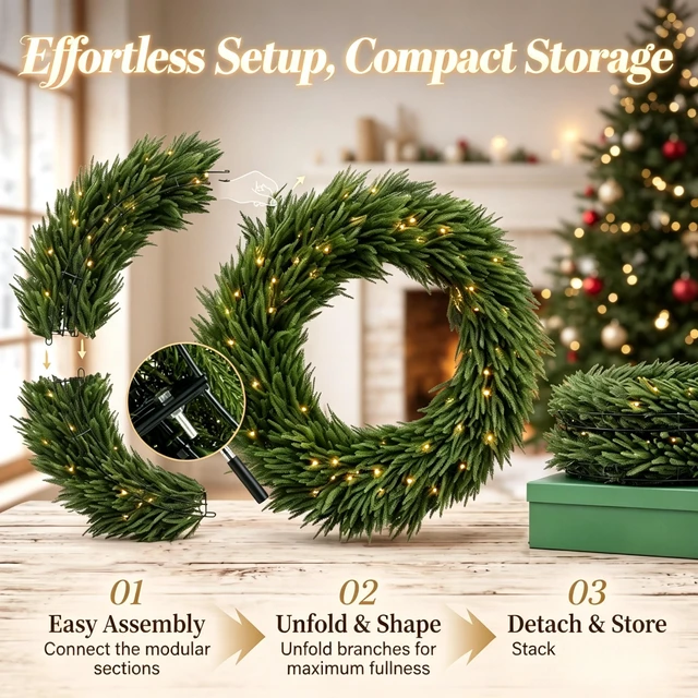 Alt view image 5 of 7 - 36 Inch Pre Lit Norfolk Artificial Christmas Wreath, Festive Entryway Decoration Equipped with Built in LED Lights