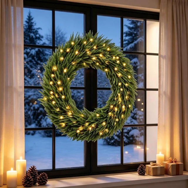 Main image of 36 Inch Pre Lit Norfolk Artificial Christmas Wreath, Festive Entryway Decoration Equipped with Built in LED Lights