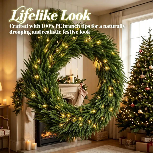 Alt view image 7 of 7 - 36 Inch Pre Lit Norfolk Artificial Christmas Wreath, Festive Entryway Decoration Equipped with Built in LED Lights