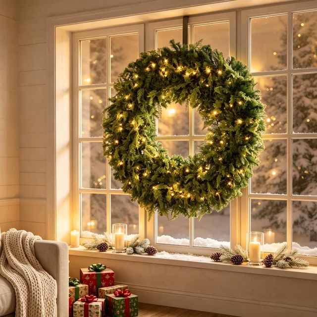 Main image of 48 Inch Pre Lit Crestwood Spruce Artificial Christmas Wreath, Holiday Door Decor with Decorative Bow LED Lights