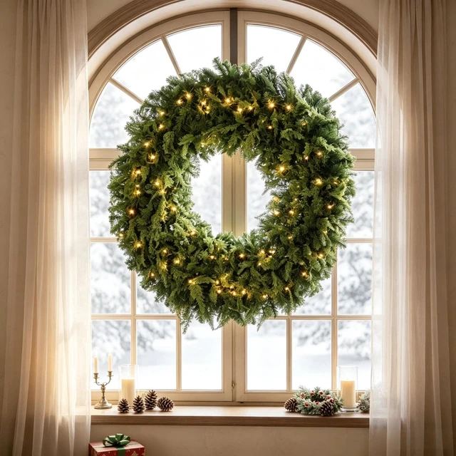 Alt view image 7 of 7 - 48 Inch Pre Lit Crestwood Spruce Artificial Christmas Wreath, Holiday Door Decor with Decorative Bow LED Lights