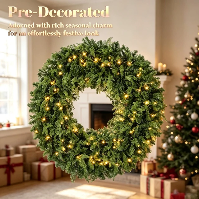 Alt view image 5 of 7 - 48 Inch Pre Lit Crestwood Spruce Artificial Christmas Wreath, Holiday Door Decor with Decorative Bow LED Lights