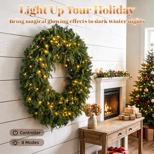 Alt view image 5 of 7 - 36 Inch Pre Lit Crestwood Spruce Artificial Christmas Wreath, Holiday Door Decor with Decorative Bow LED Lights