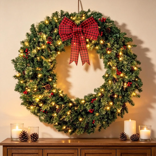 Alt view image 2 of 7 - 48 Inch Prelit Crestwood Spruce Christmas Wreath with Bow, 8 Light Modes Berries and Pinecones, Green, PVC and Steel