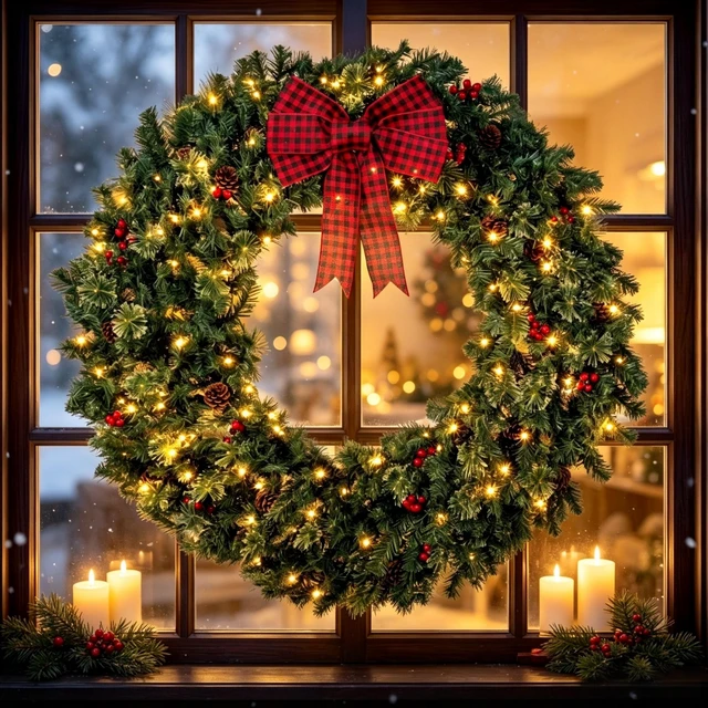 Alt view image 3 of 7 - 48 Inch Prelit Crestwood Spruce Christmas Wreath with Bow, 8 Light Modes Berries and Pinecones, Green, PVC and Steel