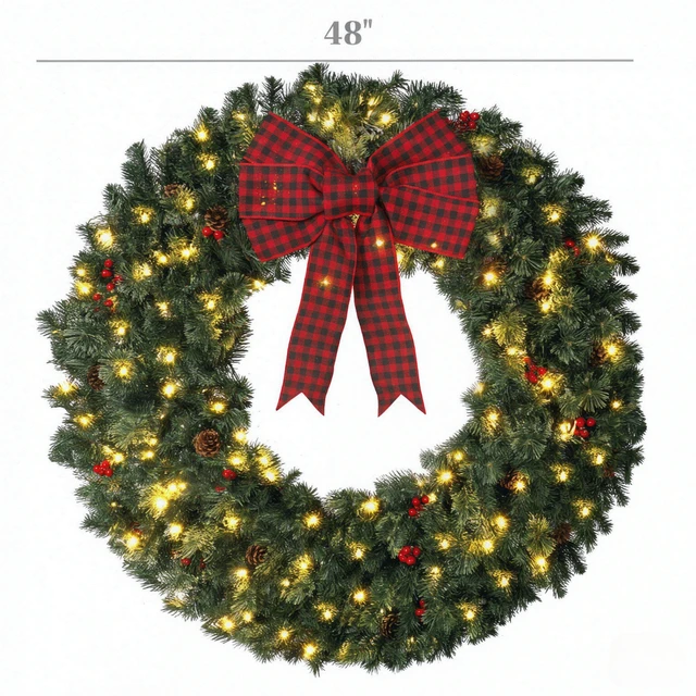Alt view image 6 of 7 - 48 Inch Prelit Crestwood Spruce Christmas Wreath with Bow, 8 Light Modes Berries and Pinecones, Green, PVC and Steel