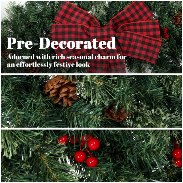 Alt view image 7 of 7 - 48 Inch Prelit Crestwood Spruce Christmas Wreath with Bow, 8 Light Modes Berries and Pinecones, Green, PVC and Steel