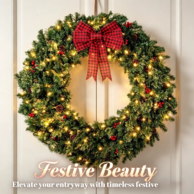 Alt view image 4 of 7 - 48 Inch Prelit Crestwood Spruce Christmas Wreath with Bow, 8 Light Modes Berries and Pinecones, Green, PVC and Steel