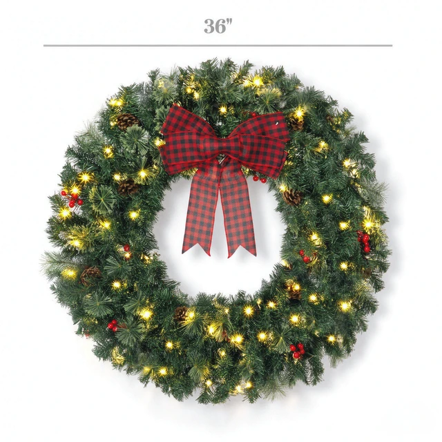 Alt view image 2 of 7 - 36 Inch Prelit Crestwood Spruce Christmas Wreath with Bow, 8 Light Modes Berries and Pinecones, Green, PVC and Steel
