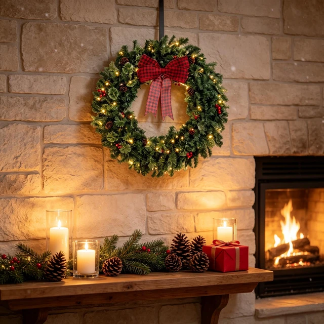 Alt view image 3 of 7 - 36 Inch Prelit Crestwood Spruce Christmas Wreath with Bow, 8 Light Modes Berries and Pinecones, Green, PVC and Steel