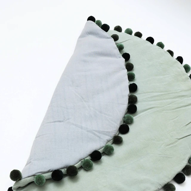 Alt view image 3 of 5 - Cotton Soft and Fine Velvet Round Playmat with Pom, Light Green, Rugs