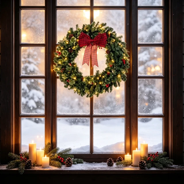 Alt view image 4 of 7 - 36 Inch Prelit Crestwood Spruce Christmas Wreath with Bow, 8 Light Modes Berries and Pinecones, Green, PVC and Steel