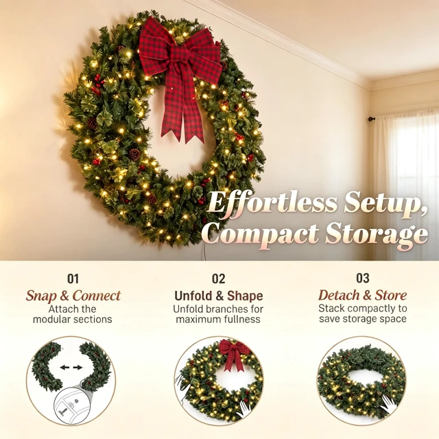 Alt view image 6 of 7 - 36 Inch Prelit Crestwood Spruce Christmas Wreath with Bow, 8 Light Modes Berries and Pinecones, Green, PVC and Steel