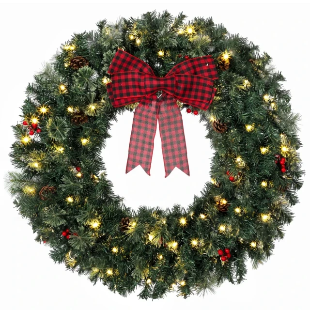 Alt view image 5 of 7 - 36 Inch Prelit Crestwood Spruce Christmas Wreath with Bow, 8 Light Modes Berries and Pinecones, Green, PVC and Steel