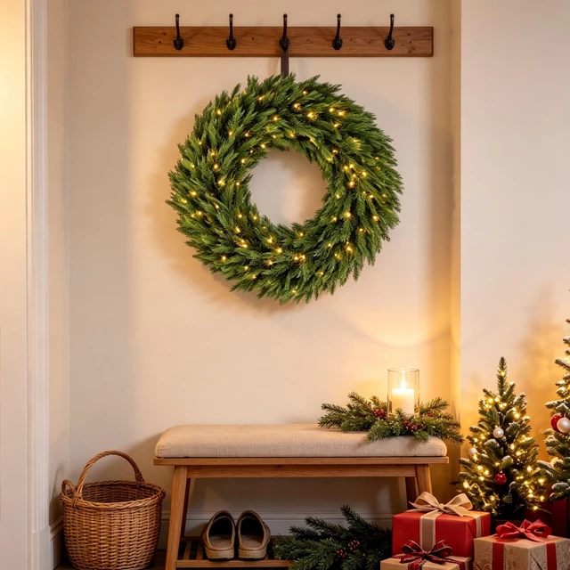 Alt view image 2 of 7 - 36 in Pre Lit Norwegian Spruce Christmas Wreath with LED Lights, Holiday Front Door Decoration, Green, Plastic