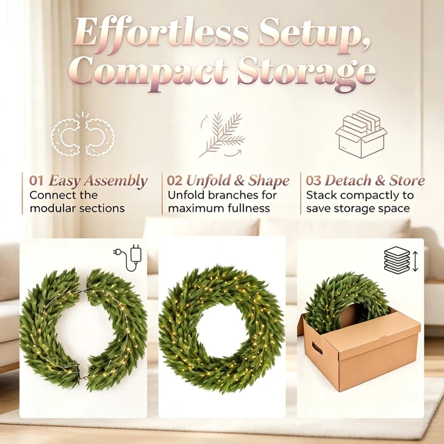 Alt view image 3 of 7 - 36 in Pre Lit Norwegian Spruce Christmas Wreath with LED Lights, Holiday Front Door Decoration, Green, Plastic