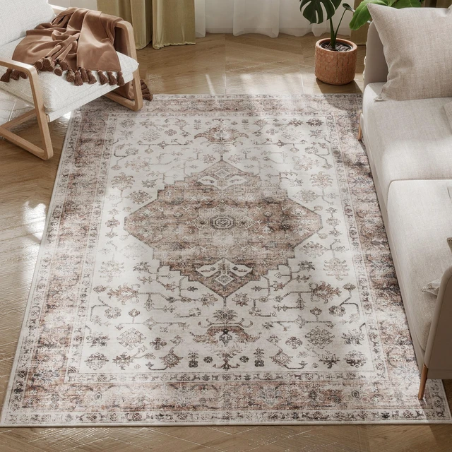 Main image of 4 Area Rug, Machine Washable Rug Non-Slip Distressed Floor Carpet for Living Dining, Brown, Polyester, Rugs