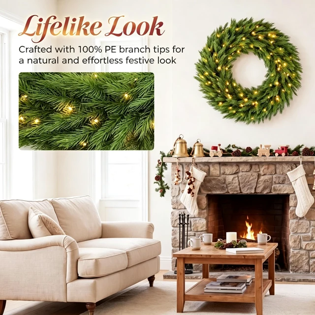 Alt view image 4 of 7 - 36 in Pre Lit Norwegian Spruce Christmas Wreath with LED Lights, Holiday Front Door Decoration, Green, Plastic