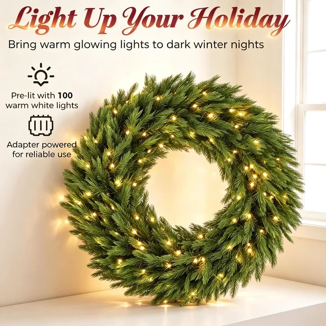 Alt view image 7 of 7 - 36 in Pre Lit Norwegian Spruce Christmas Wreath with LED Lights, Holiday Front Door Decoration, Green, Plastic