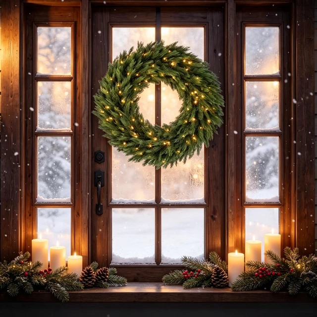 Alt view image 5 of 7 - 36 in Pre Lit Norwegian Spruce Christmas Wreath with LED Lights, Holiday Front Door Decoration, Green, Plastic