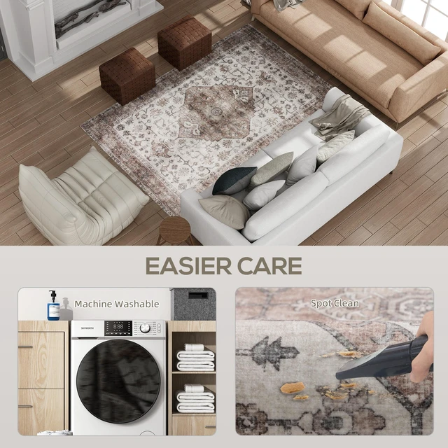 Alt view image 6 of 7 - 4 Area Rug, Machine Washable Rug Non-Slip Distressed Floor Carpet for Living Dining, Brown, Polyester, Rugs