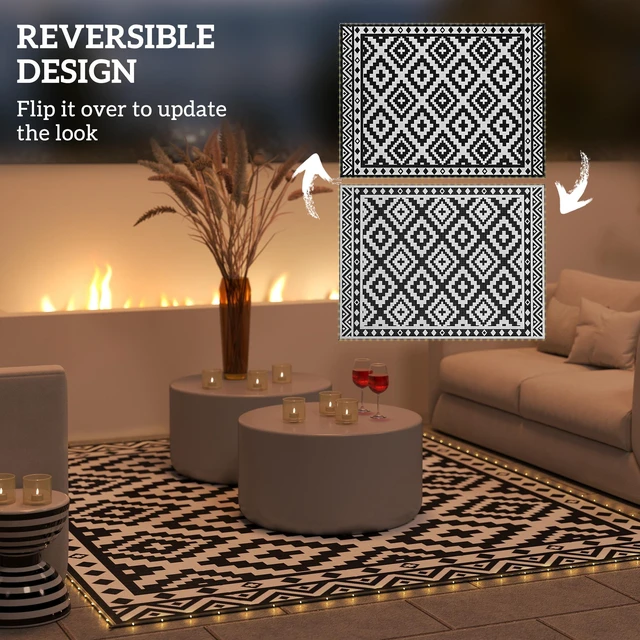 Alt view image 5 of 7 - Reversible Outdoor Rug Carpet, 12 Waterproof Plastic Straw Rug Portable Camping Mat with LED String Lights Floor Mat