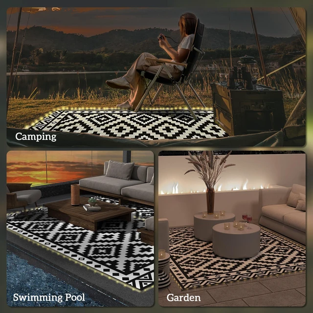 Alt view image 2 of 7 - Reversible Outdoor Rug Carpet, 12 Waterproof Plastic Straw Rug Portable Camping Mat with LED String Lights Floor Mat