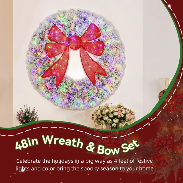 Alt view image 6 of 7 - 48 in Flocked Pre Lit Artificial Christmas Wreath with Bow, Lighting Modes Front Door Christmas Wreath with Remote LED