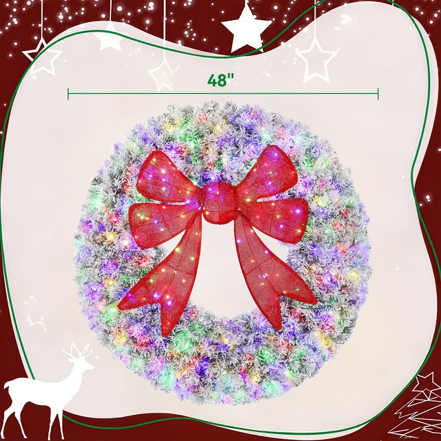 Alt view image 7 of 7 - 48 in Flocked Pre Lit Artificial Christmas Wreath with Bow, Lighting Modes Front Door Christmas Wreath with Remote LED