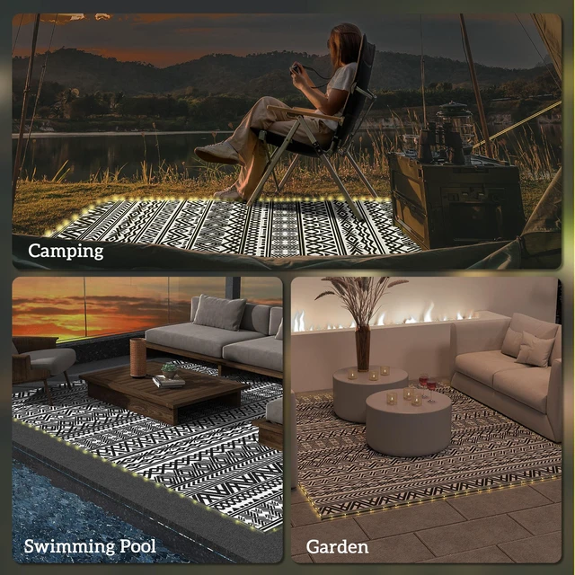 Alt view image 2 of 7 - Reversible Outdoor Rug Carpet with USB Lights, 10 Plastic Straw Rug Patio Mat Portable Camping Mat with Carry Bag