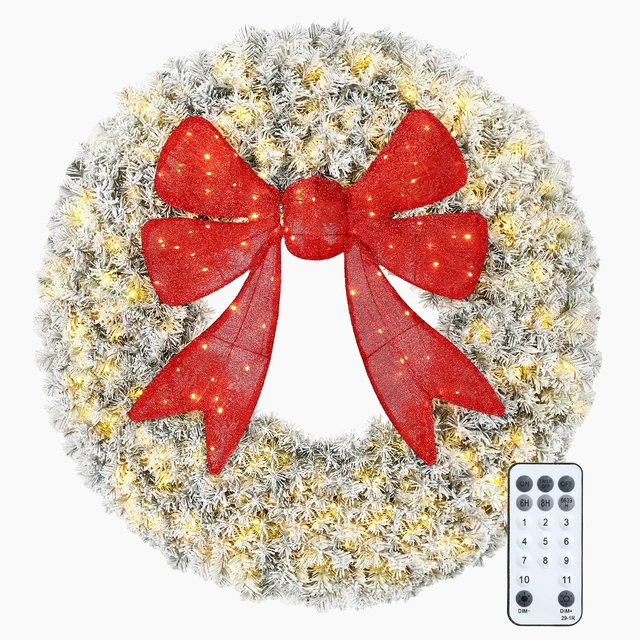 Main image of 60 in Flocked Pre Lit Artificial Christmas Wreath with Bow, Lighting Modes Front Door Christmas Wreath with Remote LED